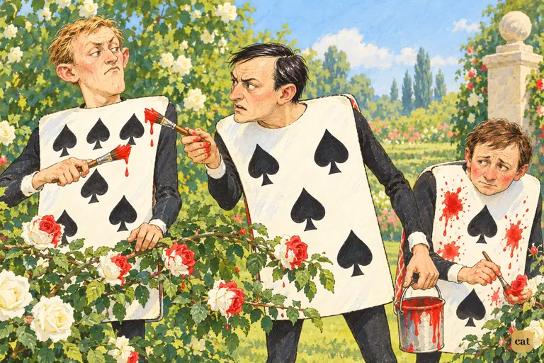 Card-gardeners Five and Seven quarrel over a half-painted rose, jabbing dripping brushes