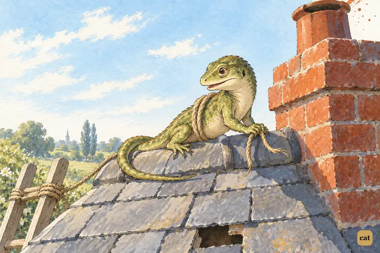 Bill the Lizard sits alone on the ridge of the White Rabbit's roof beside the brick chimney.
