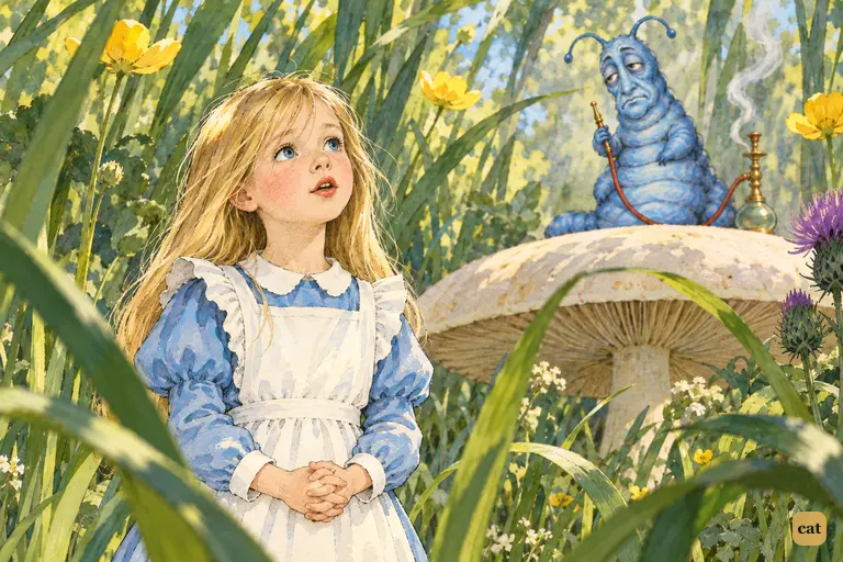 Hands folded, Alice recites Father William in a singsong voice, eyes on the grass-tops