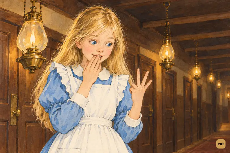 Telescope-tall Alice stands under the hall ceiling, counting parcels for her feet