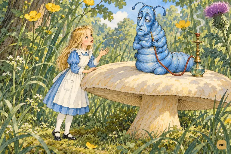 After a long silence, the Caterpillar speaks first and asks Alice what size she wants to be.
