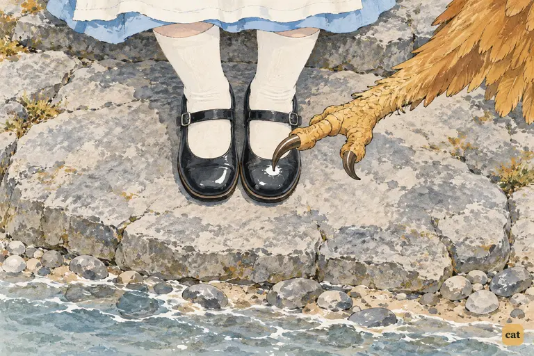 Alice looks down at her polished black shoes on the rock ledge, puzzled by the Gryphon's question.