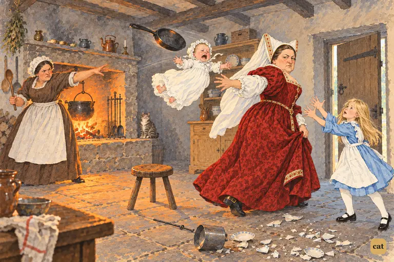 The Duchess flings the howling baby at Alice and strides off to her croquet.