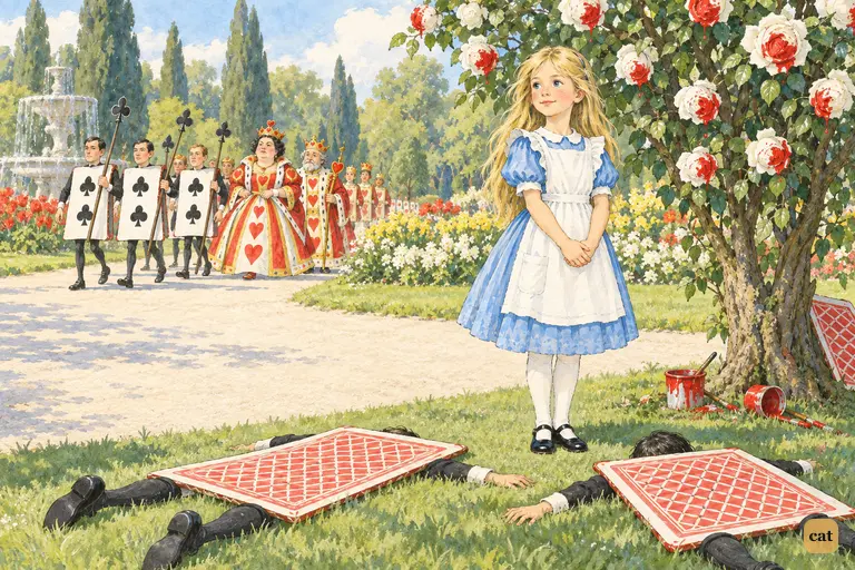 The gardeners lie face-down on the grass, but Alice stays standing by the rose-tree