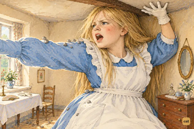 Alice has grown so big that she fills the White Rabbit's room.