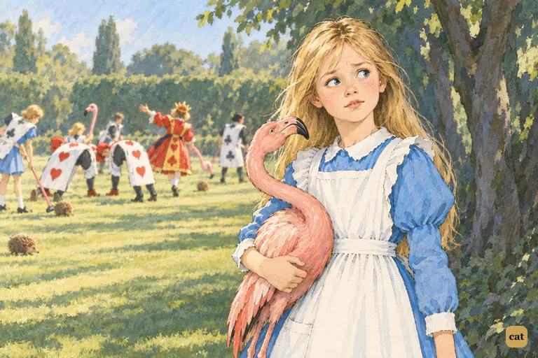 Alice stands at the edge of the croquet-ground with her flamingo under her arm