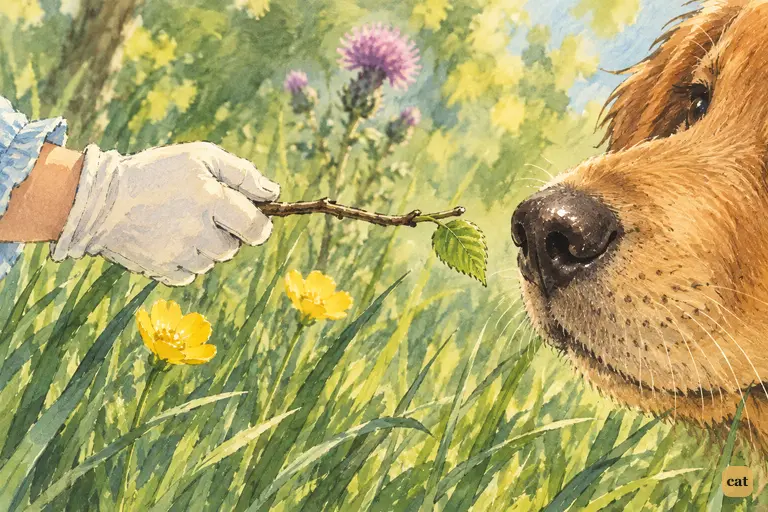 Alice's tiny gloved hand holds a trembling twig out to the puppy's enormous wet nose