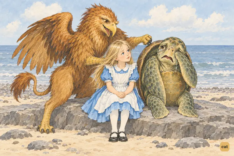 The Gryphon thumps the sobbing Mock Turtle on the back while Alice politely waits