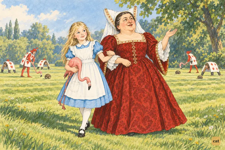 Alice walks arm in arm with the Duchess along the edge of the croquet-ground.