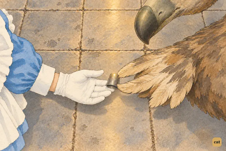 Alice hands her last possession, a tiny silver thimble, to the Dodo