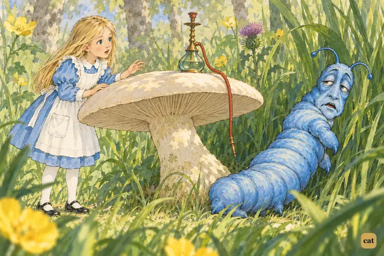 The Caterpillar yawns, climbs off the mushroom and slips into the tall grass