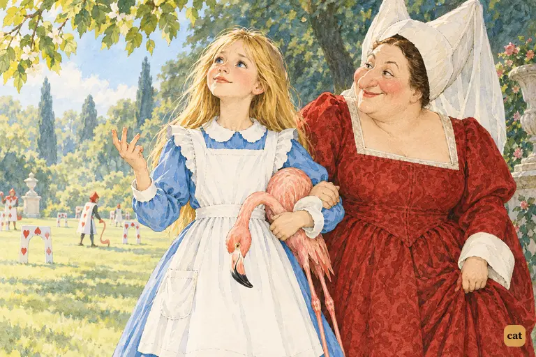 Alice walks arm in arm with the Duchess along the sunny edge of the croquet-ground.