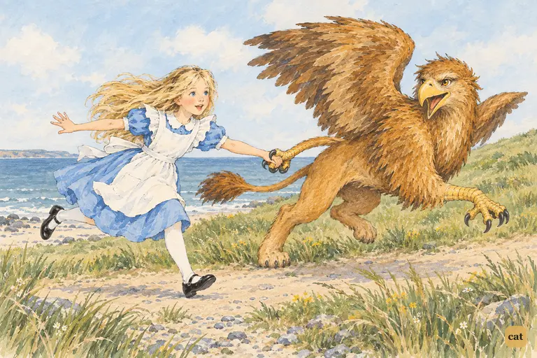 The Gryphon grabs Alice's hand and rushes her off to the trial mid-song