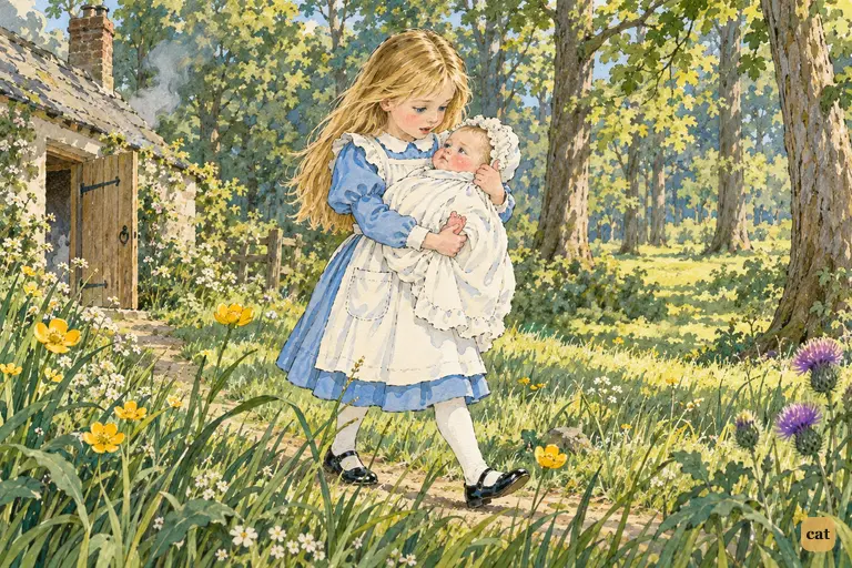 Alice carries the knotted baby out of the smoky kitchen into the sunny May wood