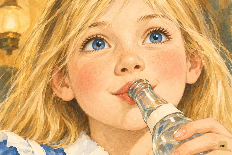 In an extreme close-up, Alice drinks from the little "DRINK ME" bottle.