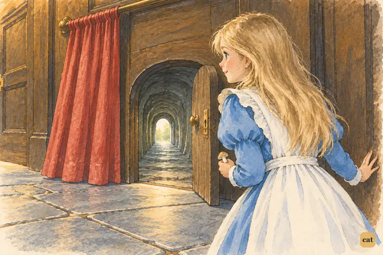 Alice, now only a foot high, steps through the open little door into the narrow passage.