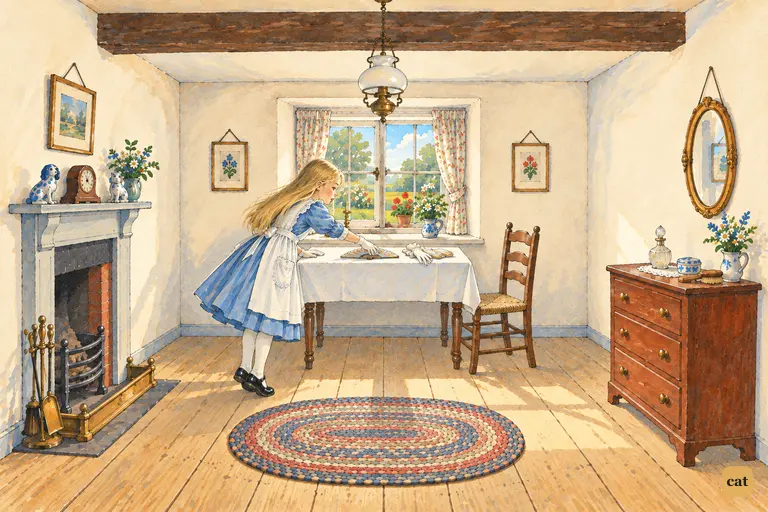 Alice reaches on tiptoe for the fan on the table in the White Rabbit's tidy room