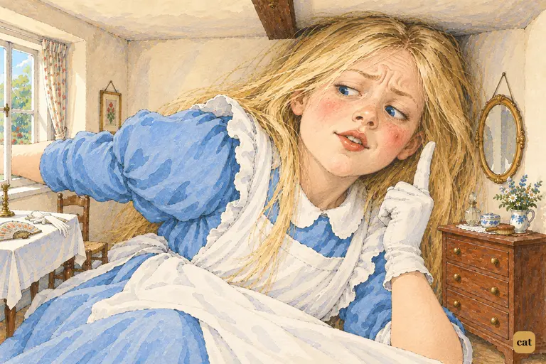 Alice has grown so big that she fills the White Rabbit's little room.