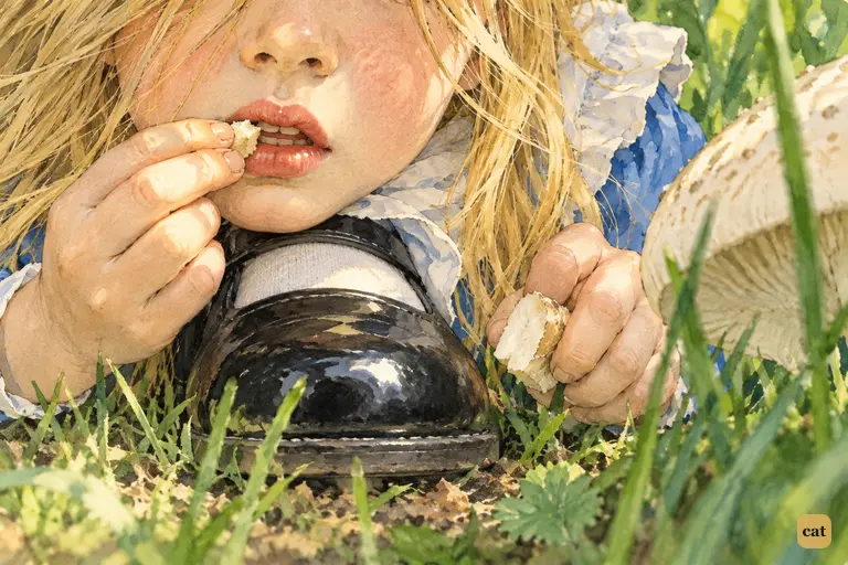 Alice has shrunk so fast that her chin is pressed against her own shoe.