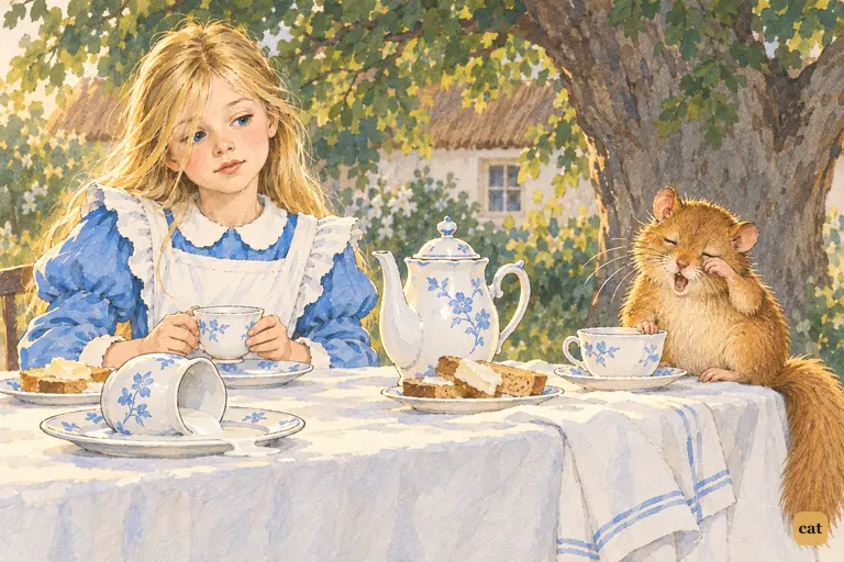 Muddled by the "well in" pun, Alice gives up and lets the Dormouse talk on.