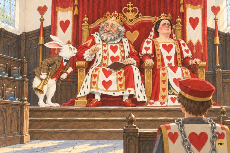 Bowing low, the White Rabbit frowns a warning at the King over Alice's evidence