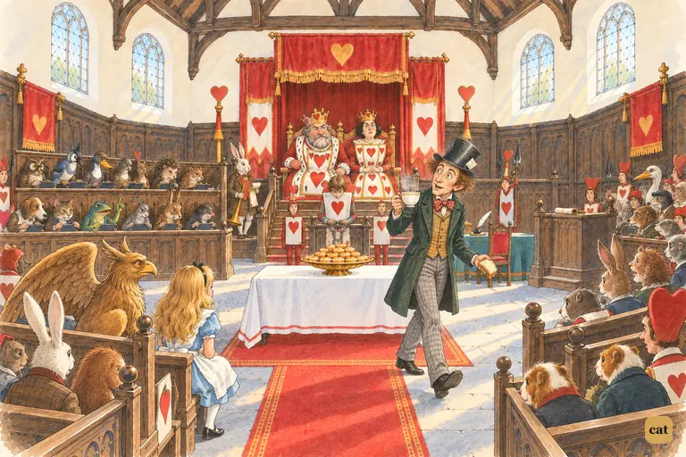The Hatter walks up the aisle with teacup and bread-and-butter, apologising to the King
