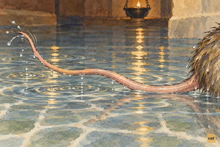 The Mouse's long wet tail quivers at the surface of the pool of tears.