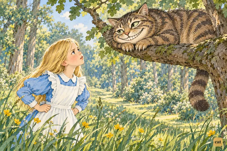 Alice stands in the long grass with her hands on her hips and protests that she is not mad.