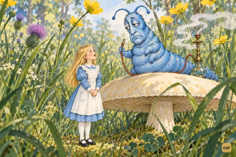At the foot of the mushroom, tiny Alice recites Father William to the drowsy Caterpillar
