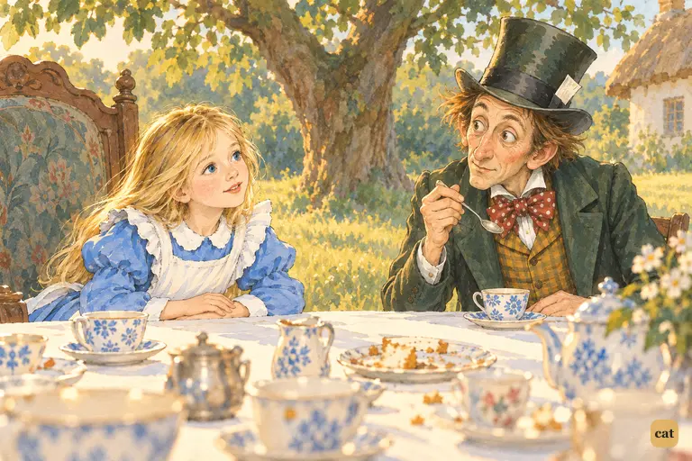 At the endless tea-table, Alice leans towards the Hatter with a real, thoughtful question.