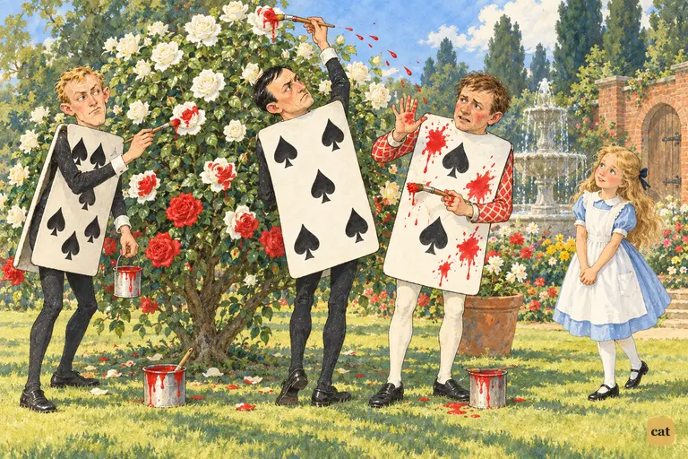 Alice has just walked into the Queen's garden and stops, curious, beside a big white rose-tree.