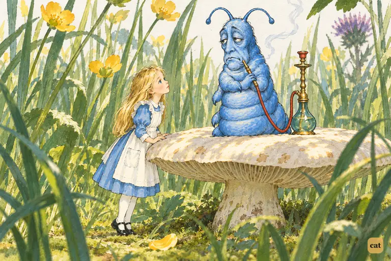 On tiptoe at the mushroom, Alice looks at the blue Caterpillar in silence
