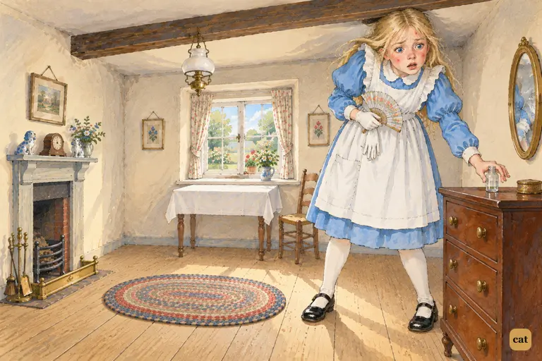 Alice has drunk half the little bottle when her head hits the Rabbit's ceiling