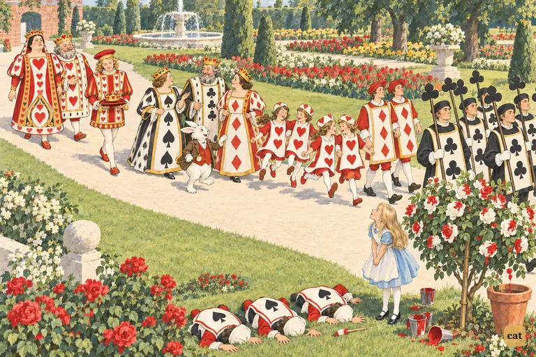 The court of cards winds through the garden, the King and Queen of Hearts coming last