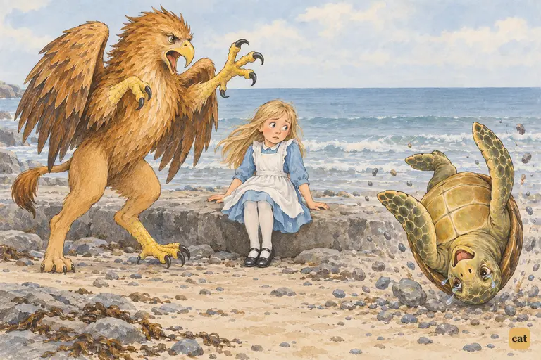 In the Lobster Quadrille, the Mock Turtle somersaults on the sand as the Gryphon bounces