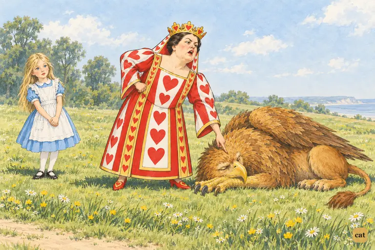The Queen of Hearts points at the sleeping Gryphon in the sun and orders it awake
