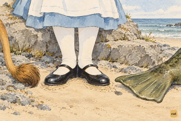 On the sand by the rock ledge, Alice's polished black shoes stand in first position