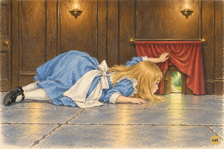 Nine-foot Alice lies on the stone floor, one eye pressed to the tiny garden door