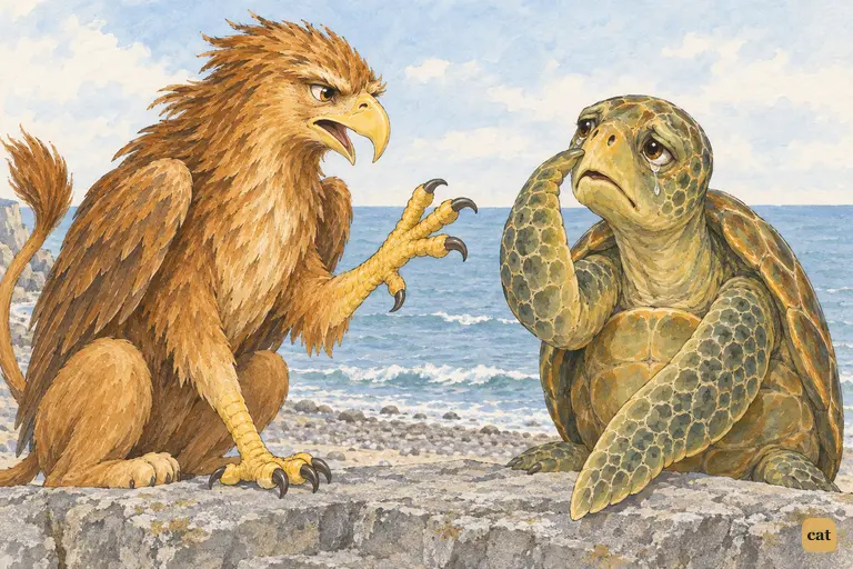 The Mock Turtle presses a flapper to his nose, asking how one turns out toes with it