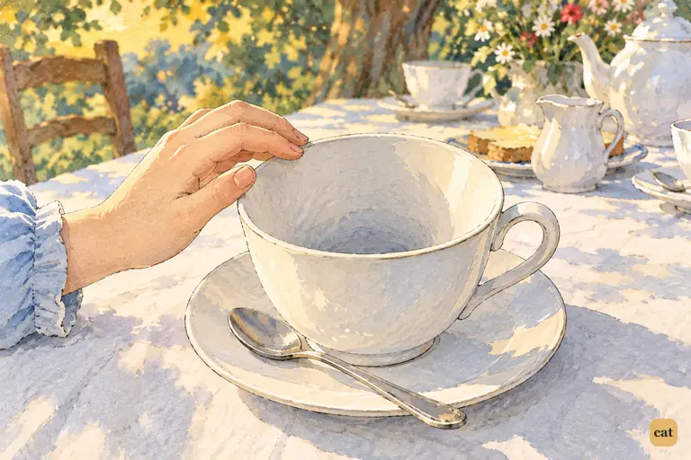 Alice gazes into her empty teacup as if into a well, picturing the three sisters