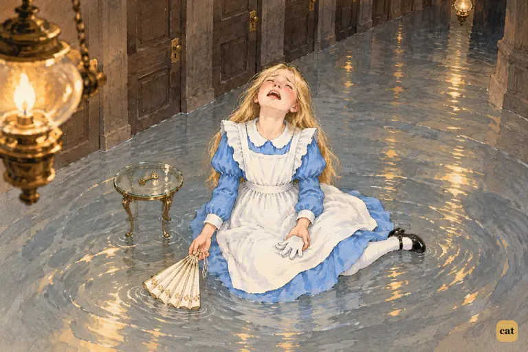 Nine-foot Alice sits in her pool of tears in the lamplit hall, sobbing