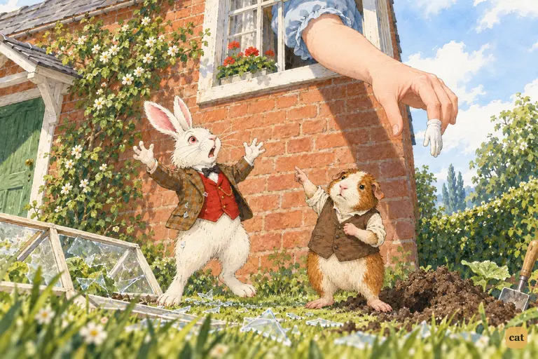 In the garden, the White Rabbit and Pat argue about the huge arm hanging from the window