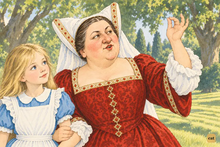 At the croquet-ground's edge, the Duchess presses her sharp chin into Alice's shoulder