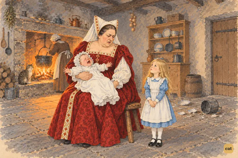 Alice, nine inches tall, stands at the foot of the Duchess's stool in the smoky kitchen.