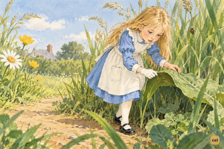 Tiny Alice lifts a broad leaf among tall grass, looking for the Rabbit's fan and gloves