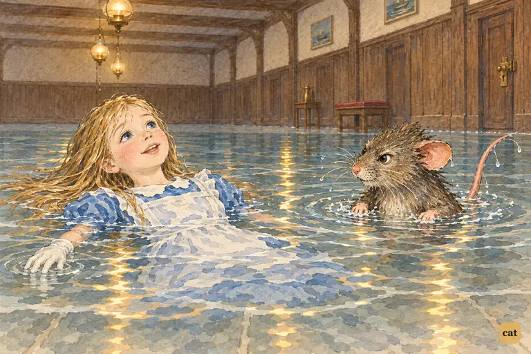 Alice floats on her back in the pool of tears and chatters dreamily about her cat Dinah.