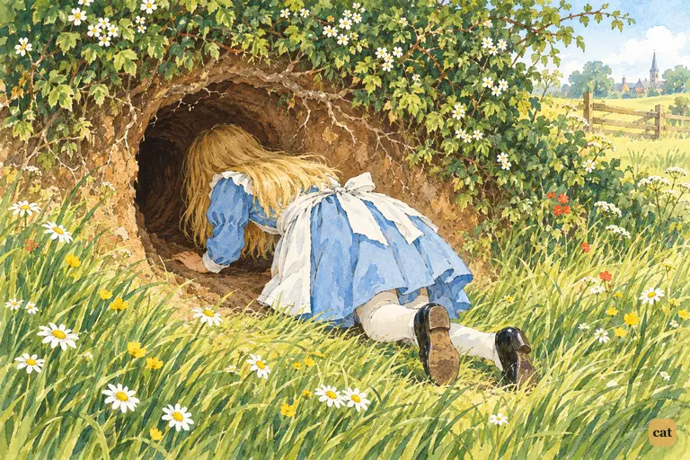 Alice's head and shoulders are already in the dark rabbit-hole under the hedge