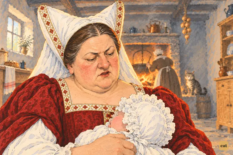 In the smoky kitchen, the Duchess sourly brushes off Alice's surprise, eyes on the baby