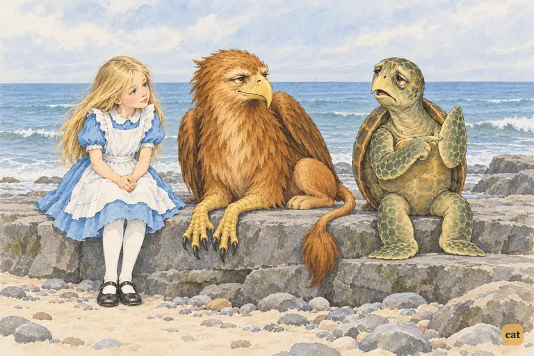 On the rock ledge by the sea, the Mock Turtle solemnly counts off his school subjects