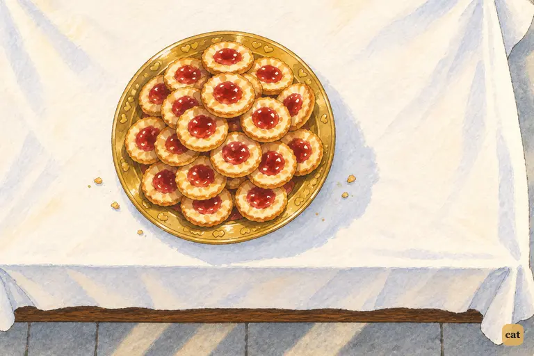 From above, a gold dish of glossy jam tarts sits on white linen in the court